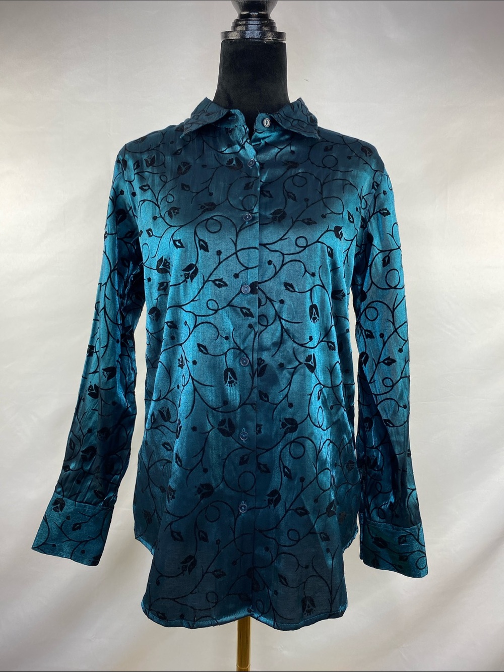 Vintage Kathy Ireland Whimsygoth Teal Satin Velvet Floral Button Down Size Small